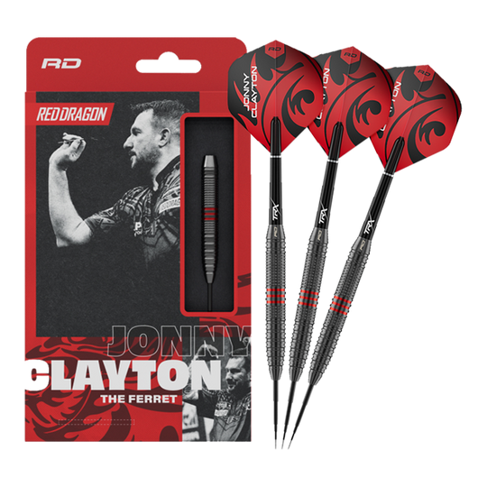 Dardos de acero Red Dragon Jonny Clayton Core Brass - 21 g Dieses Bild zeigt die Red Dragon Jonny Clayton Core Brass Steeldarts - 21g in voller Länge. Die Darts haben goldene Rillen und rote sowie schwarze Details am Flight.