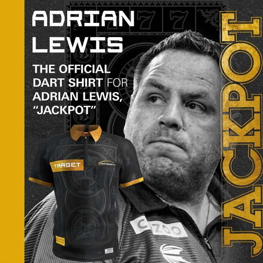 Das Bild zeigt das Target Adrian Lewis Dartshirt 2026. Dieses Shirt ist für Darts-Fans und Sammler konzipiert.
