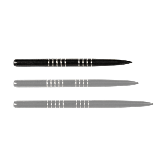 57741_Bulls_GP1_Steeldartspitzen_Schwarz_34mm_1S43CBIyrlkixz Das Bild zeigt drei schwarze Steeldartspitzen des Modells "Bulls GP1". Sie sind schlank und haben mehrere silberne Rillen zur besseren Griffigkeit.