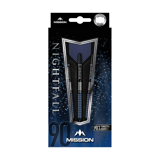 Dardos de acero Mission Nightfall Modelo 1 Das Bild zeigt die Verpackung der "Mission Nightfall Model 1 Steeldarts". Die Darts bestehen zu 90 % aus Tungsten und sind elegant in einer blau-schwarzen Schachtel präsentiert.