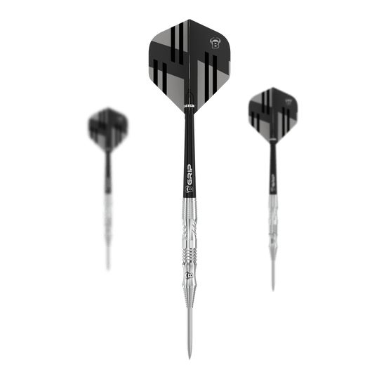 Dardos de acero Bulls Tac T1 Das Bild zeigt drei Bulls Tac T1 Steeldarts mit silbernen Spitzen und schwarzem Flight. Die Flights haben ein modernes, schwarz-graues Streifendesign.