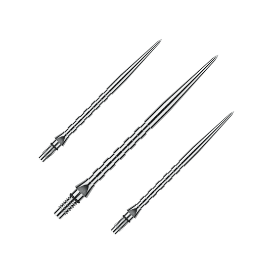 Abgebildet ist ein Set von silbernen Winmau Switch Point Groove Steeldartspitzen, 40 mm lang. Es sind typische Ersatzspitzen für Steeldarts.