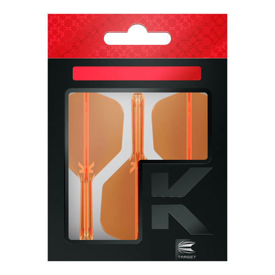 Sistema de vuelo Target K-Flex No6 - Naranja neón Die Verpackung zeigt drei neonorange Dart-Flights der Marke Target. Das Design ist modern mit einem schwarz-roten Hintergrund und einem großen "K" auf der Vorderseite.