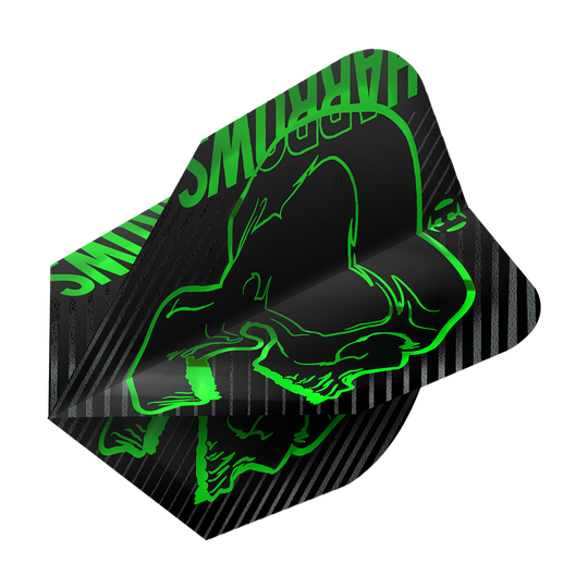 Rastros verdes furiosos nº 6 Das Bild zeigt das Produkt "Harrows Rage Green No6 Flights". Die Dart-Flights sind schwarz mit grünen, auffälligen Grafiken und Schriftzügen gestaltet.