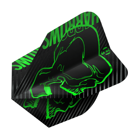 Rastros verdes furiosos nº 6 Abgebildet sind mehrere Harrows Rage Green No6 Flights. Das Produkt zeigt eine besondere Formgebung.