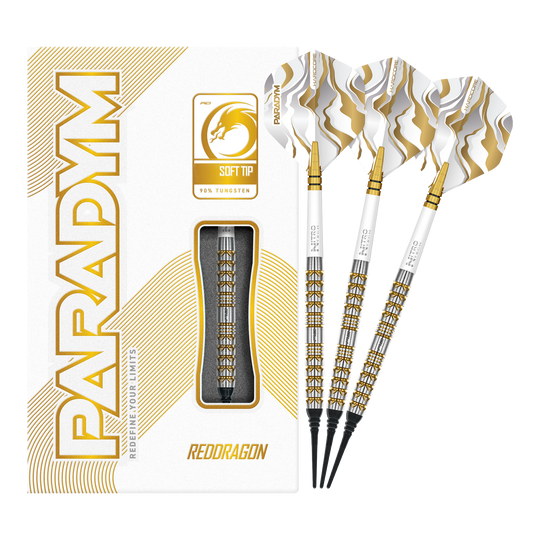 Das Bild zeigt die Red Dragon Paradym Gold Parallel Softdarts - 20g in voller Länge. Die goldfarbenen Darts wirken hochwertig und professionell.