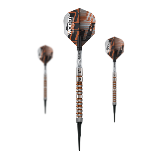 Die Abbildung zeigt die Harrows Luke Woodhouse Series 3 Softdarts mit einem Gewicht von 18g. Das Produkt ist für das Softdartspiel geeignet.