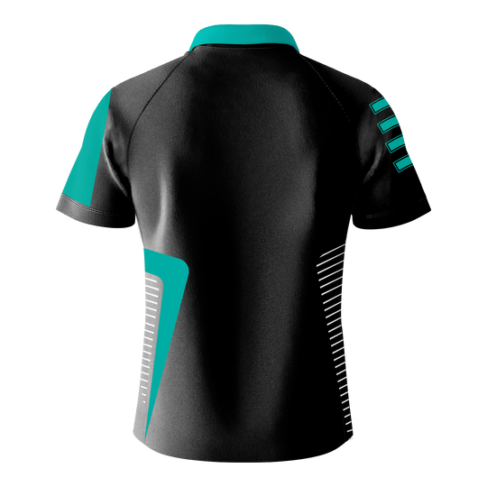 Camiseta de dardos del equipo Bulls - Menta Das Bild zeigt das "Bulls Team Dartshirt - Mint" von hinten. Das Shirt ist überwiegend schwarz mit mintfarbenen und weißen Akzenten.