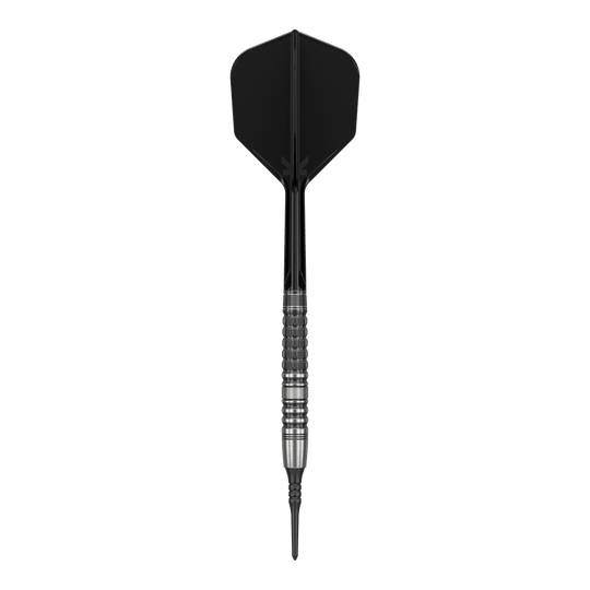 Dardos blandos Target Japan Black Marque Lumiere GEN3 - 18,5 g Das Bild zeigt einen Softdart mit schwarzer Spitze, schwarzem Shaft und Flight sowie einem silbernen, strukturierten Barrel. Es handelt sich um den "Target Japan Black Marque Lumiere GEN3 Softdarts - 18,5g".