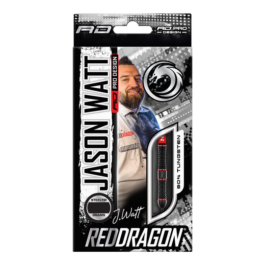 Dardos de acero Red Dragon Jason Watt - 22 g Die Abbildung zeigt die Verpackung der "Red Dragon Jason Watt Steeldarts - 22g". Auf der Vorderseite sind ein Bild von Jason Watt, der Dartpfeil und das Red Dragon-Logo zu sehen.