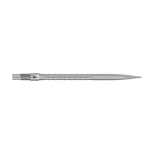 Das Bild zeigt eine silberne Dartspitze mit Heavy Metal Grip, 40 mm lang. Die Spitze liegt auf weißem Hintergrund.
