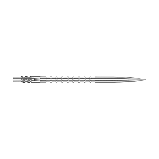 Puntas de dardos de metal pesado Harrows Quick Point - Plateadas Das Bild zeigt eine silberne Dartspitze mit Heavy Metal Grip, 40 mm lang. Die Spitze liegt auf weißem Hintergrund.