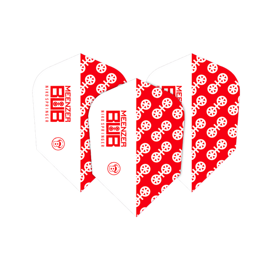 Vuelos estándar B de Bulls X-Powerflite Niko Springer XXL Das Bild zeigt drei Dart-Flights des Modells "Bulls X-Powerflite Niko Springer XXL B-Standard Flights". Die Flights sind rot-weiß gestaltet und mit einem auffälligen Muster sowie dem Schriftzug "MEENZER NIKO SPRINGER" bedruckt.