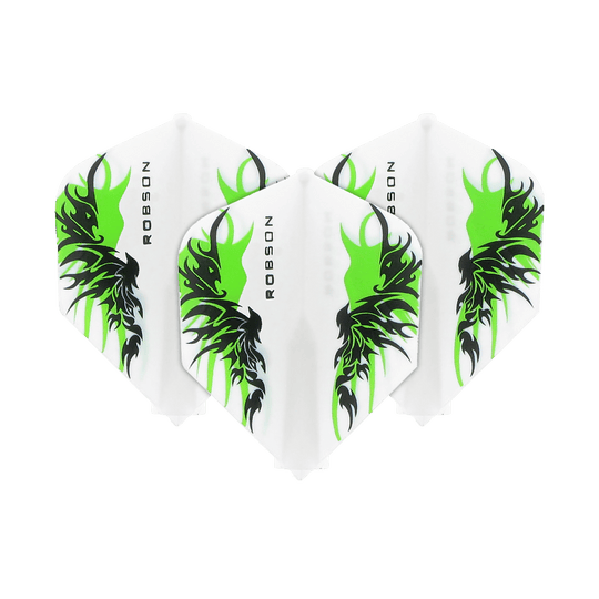 Robson Plus Flights Standard Finn White Die Abbildung zeigt drei Dart-Flights des Modells "Robson Plus Flights Standard Finn White". Sie sind weiß mit einem schwarzen und grünen Flammenmuster sowie der Aufschrift "ROBSON".