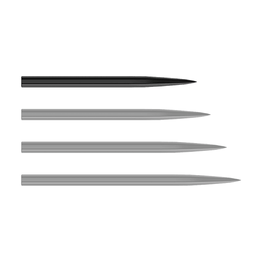 Puntas de dardos de acero Harrows - negras Auf dem Bild sind vier schwarze Steeldartspitzen zu sehen, die nebeneinander liegen. Sie sind schlank und jeweils an einem Ende spitz zulaufend.