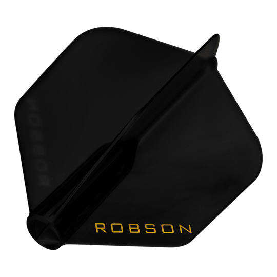 Das Bild zeigt einen schwarzen Dart-Flügel mit der Aufschrift "ROBSON" in gelber Farbe. Der Flügel hat eine standardmäßige, fünfeckige Form.