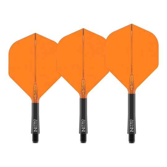 Red Dragon Nitroflite Eje negro Vuelos naranjas No2 Dies ist das Produkt Red Dragon Nitroflite Black Shaft Orange Flights No2. Es wird ein Dart-Schaft mit orangefarbenen Flights gezeigt.