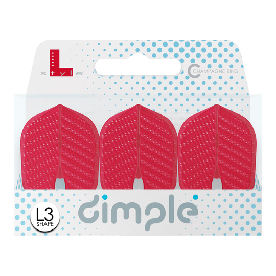 L-Style Flights Dimple Champagne L3PRO Shape Das Bild zeigt eine Packung mit drei roten L-Style Flights Dimple Champagne im L3PRO Shape. Die Verpackung ist weiß mit blauen Punkten und dem Aufdruck "dimple".
