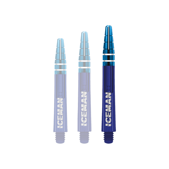 Das Bild zeigt drei blaue Dartschäfte mit silbernen Akzenten. Auf den Schäften steht in weißen Buchstaben das Wort "ICEMAN".