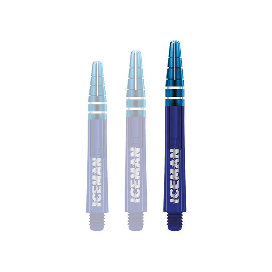 C812_Red_Dragon_Nitrotech_Gerwyn_Price_Blue_Shafts_48mm_1lT6yBjcDxLN9p Das Bild zeigt drei blaue Dartschäfte mit silbernen Akzenten. Auf den Schäften steht in weißen Buchstaben das Wort "ICEMAN".