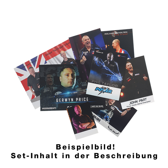 Juego de tarjetas de jugador con autógrafo Das Bild zeigt ein Set von Spielerkarten mit bekannten Dartspielern. Auf den Karten sind Fotos und Namen der Spieler abgebildet.