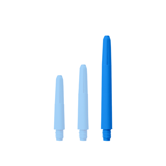 574_Nylon_Shafts_Blau_48mm_1Bvzzvt0GQ8W3G Das Bild zeigt drei blaue Nylon-Schäfte in unterschiedlichen Längen. Sie haben ein Schraubgewinde an einem Ende und sind für den Einsatz bei Darts gedacht.