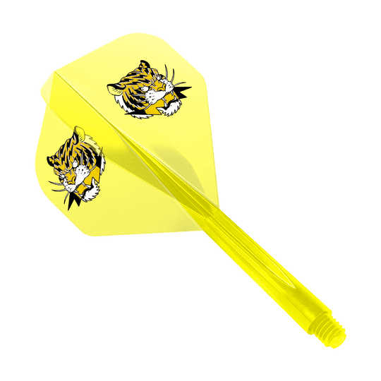 Sistema de vuelo Condor AX Inazuma Tiger Mix Amarillo Claro - Estándar Das Bild zeigt einen gelben Dart-Flight mit zwei Tigerköpfen als Motiv. Das Produkt ist das "Condor AXE Inazuma Tiger Mix Flight-System Yellow Clear - Standard".