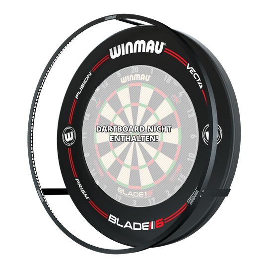 Das Bild zeigt das Winmau Plasma LED Beleuchtung und Surround Bundle für Dartboards. In der Mitte steht der Hinweis "Dartboard nicht enthalten!".