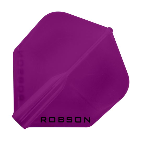 Plumas Robson Plus - Estándar Das Bild zeigt ein violettes Dartflugblatt in Standardform. Unten auf dem Flugblatt steht das Wort "ROBSON".