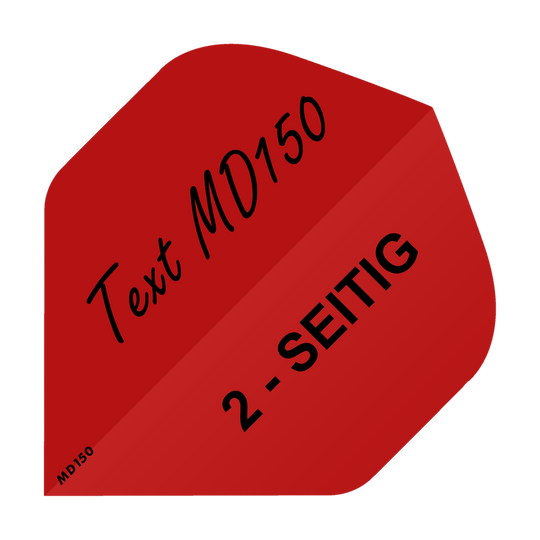 MD-207_2-Seitig_Bedruckte_Flights_Wunschtext_MD150_Rot_Standard_1 Das Bild zeigt eine rote Dart-Flight mit schwarzem Text. Auf der Flight steht "Text MD150" und "2 - SEITIG".