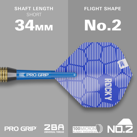 Dardos de acero y latón Target Josh Rock - 22 g Das Bild zeigt einen Target Josh Rock Brass Steeldart mit einem blauen PRO GRIP Schaft. Der Schaft ist 34 mm lang und das Flight hat die Form No.2.