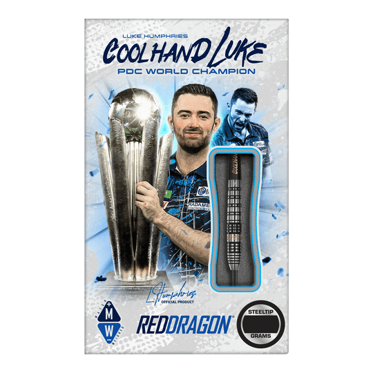 Das Bild zeigt das Produkt "Red Dragon Luke Humphries Prestige Steeldarts". Auf der Verpackung ist Luke Humphries mit einem Pokal und einem Steeldart abgebildet.