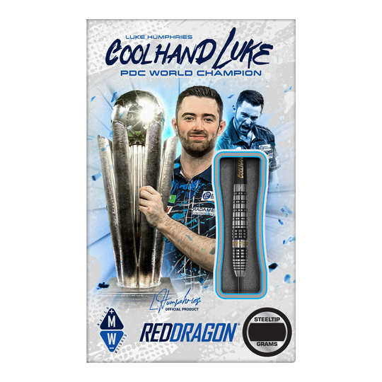Dardos de acero Red Dragon Luke Humphries Prestige Das Bild zeigt das Produkt "Red Dragon Luke Humphries Prestige Steeldarts". Auf der Verpackung ist Luke Humphries mit einem Pokal und einem Steeldart abgebildet.