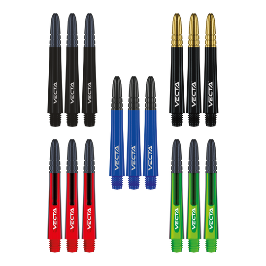 Colección de ejes Winmau Vecta Das Foto zeigt die Winmau Vecta Shaft Collection. Die Sammlung umfasst verschiedene Dartschäfte.