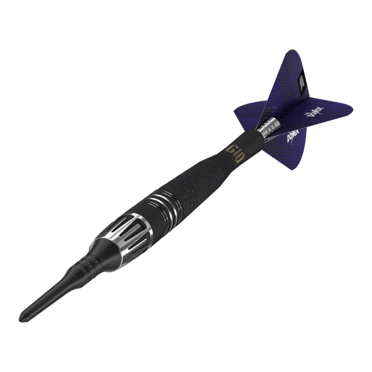 Dardos blandos Target Phil Taylor Power 9Five GEN10 Auf dem Bild ist ein Target Phil Taylor Power 9Five GEN10 Softdart zu sehen. Der Dartpfeil hat ein modernes Design mit schwarzen und silbernen Details sowie blauen Flights.