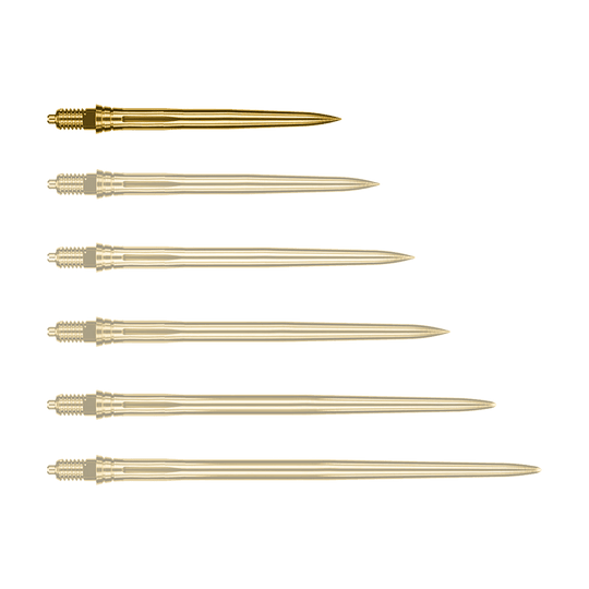 Puntas de dardo Caliburn EZ-EVO - Suaves - Doradas Auf dem Bild ist eine einzelne goldene Dartspitze zu sehen, vermutlich 28mm lang. Es handelt sich um eine Caliburn EZ-EVO Dartspitze der Variante Smooth.
