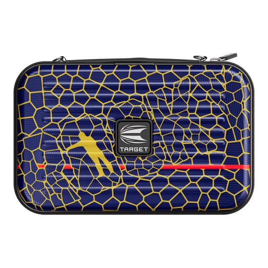 Estuche para dardos Target Takoma Josh Rock XL Das Bild zeigt ein Dartcase mit dem Namen "Target Takoma Josh Rock XL Dartcase". Das Etui ist dunkelblau mit einem gelben Wabenmuster und hat in der Mitte ein Target-Logo.