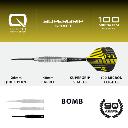 Dardos de acero de punta rápida Harrows NX90 Bomb Hier ist das Produkt Harrows NX90 Bomb Quick Point Steeldarts abgebildet. Die Darts werden für professionelle Spiele verwendet.