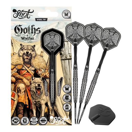 Dardos de acero Shot Goths Wulfaz Turbo Point - 23 g Auf diesem Bild sieht man die Shot Goths Wulfaz Turbo Point Steeldarts - 23g in voller Ansicht. Das Design ist auffällig und für Dart-Fans interessant.