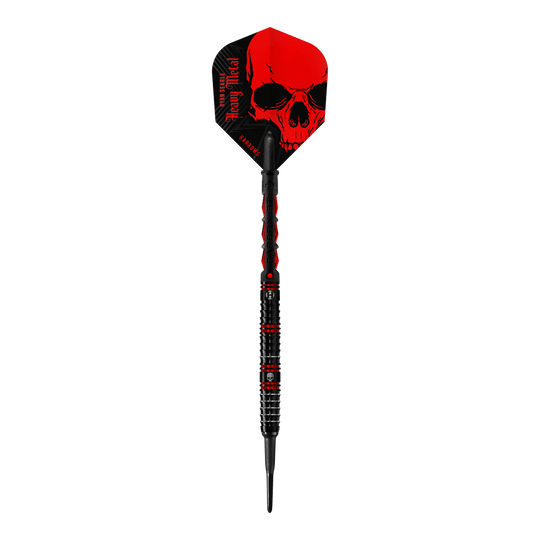 Dardos blandos de metal pesado Ryan Searle de Harrow Der abgebildete Dartpfeil ist der „Harrows Ryan Searle Heavy Metal Softdart“. Er hat ein auffälliges schwarzes Design mit roten Elementen und einem Totenkopf auf dem Flight.
