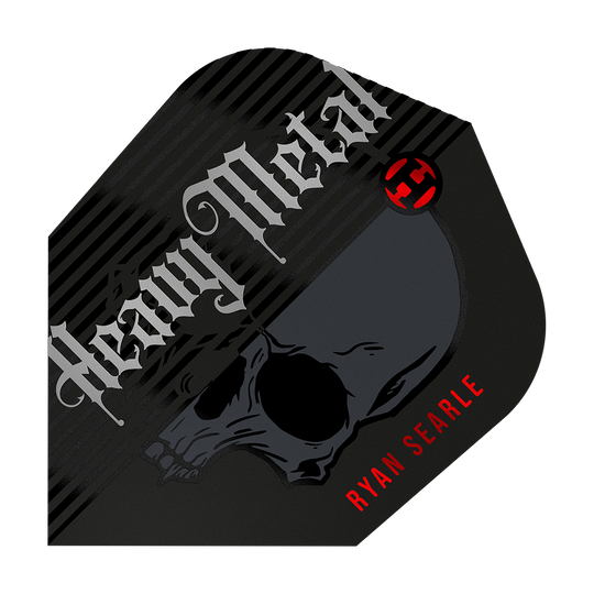 Vuelos de la serie 2 de Heavy Metal de Ryan Searle de Harrow Das Bild zeigt ein Dart-Flight mit dem Aufdruck "Heavy Metal" und einem Totenkopf-Design. Unten rechts steht in roten Buchstaben der Name "Ryan Searle".