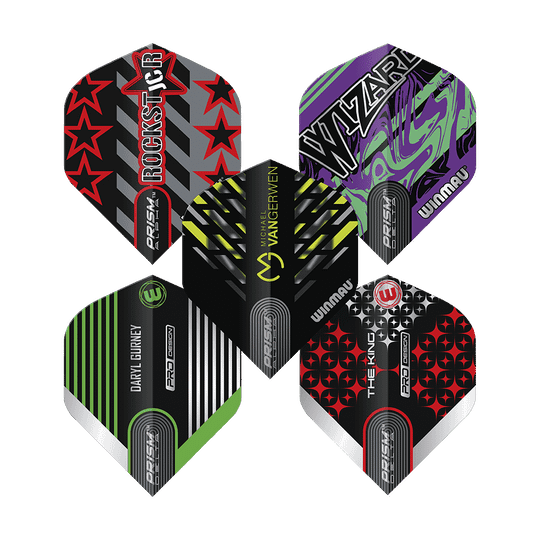 8140_Winmau_Players_Pro_Design_Prism_Flight_Collection_2 Das Bild zeigt fünf unterschiedlich gestaltete Dart-Flights aus der Winmau Players Pro Design Prism Flights Collection. Jeder Flight hat ein individuelles Design mit verschiedenen Farben, Mustern und Namen.
