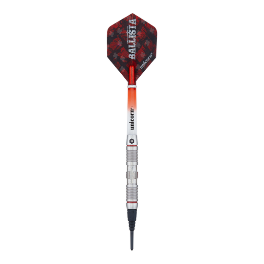 Dardos suaves Unicorn Ballista Style 2 Das Bild zeigt einen Softdart aus der Produktreihe "Unicorn Ballista Style 2". Der Dart hat eine rot-schwarze Flight und einen silbernen, strukturierten Schaft.