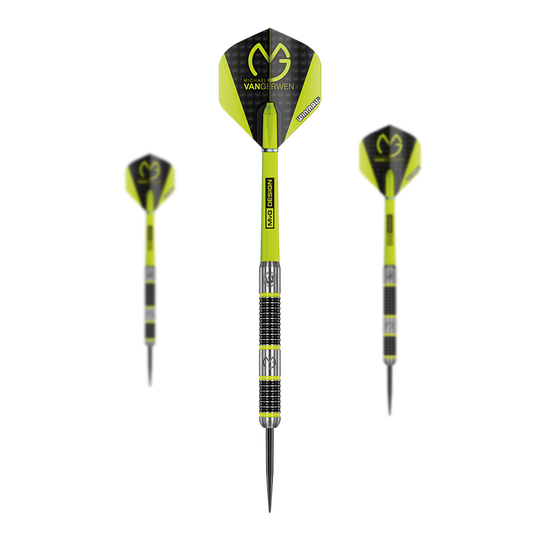 Winmau Michael Van Gerwen MvG Aspire dardos de acero Das Bild zeigt drei Winmau Michael Van Gerwen MvG Aspire Steeldarts. Die Darts sind schwarz-gelb gestaltet und tragen das MvG-Logo auf den Flights.