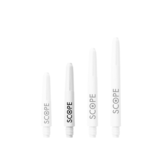 525_McDart_Scope_Nylon_Shafts_Weiss_34mm_1 Das Bild zeigt vier McDart Scope Nylon Shafts in unterschiedlichen Längen. Sie sind weiß und haben das Wort "SCOPE" in schwarzer Schrift aufgedruckt.