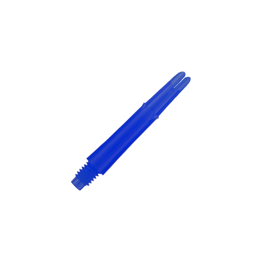 Ejes en L bloqueados rectos estilo L - Azul Das Bild zeigt einen blauen geraden Dart-Schaft mit Gewinde am unteren Ende. Der Schaft ist 32 mm lang und hat keine Kappen.