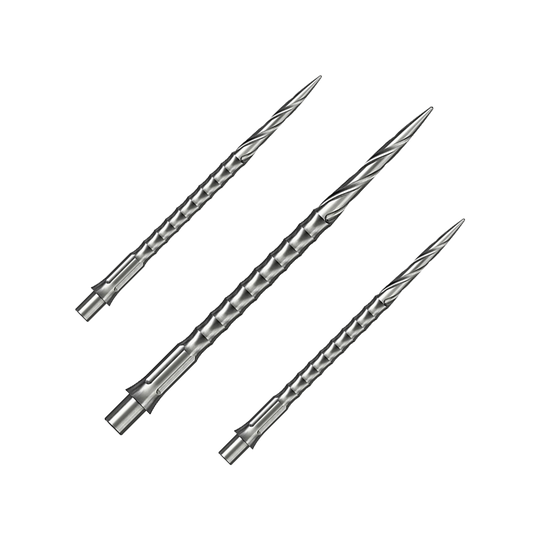 Dieses Bild zeigt ein Set von silbernen Steeldartspitzen des Caliburn Evo Systems. Das Spiro NoLip Design ist erkennbar, die Spitzen sind 40 mm lang.