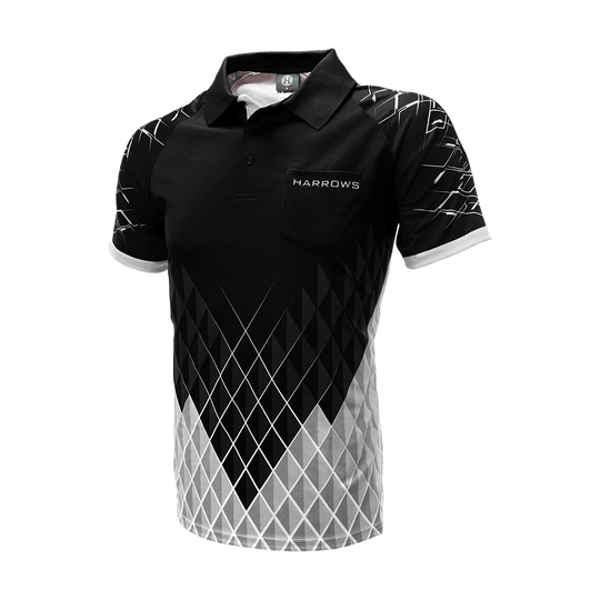 HRS-26432_Harrows_Paragon_Dartshirt_Weiss_3 Das Bild zeigt das Harrows Paragon Dartshirt in Weiß mit schwarzem Kragen und geometrischem Muster. Auf der Brust befindet sich das Harrows-Logo.