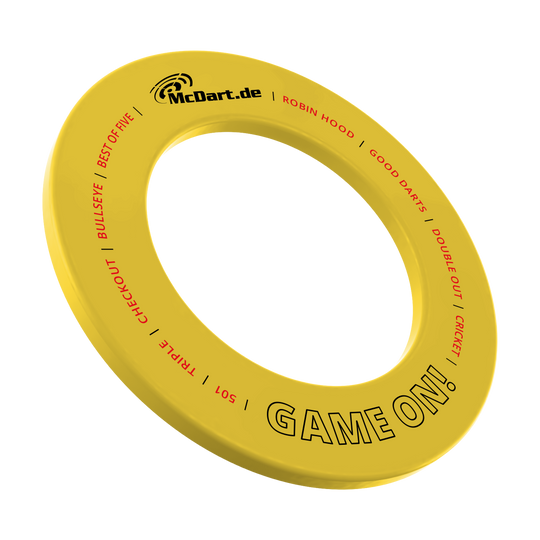 Das Bild zeigt das Produkt MSF-B4_McDart_Game_On_Dartboard_Surround_Gelb_1. Es handelt sich vermutlich um einen gelben Dartboard Surround mit der Aufschrift 'Game On'.