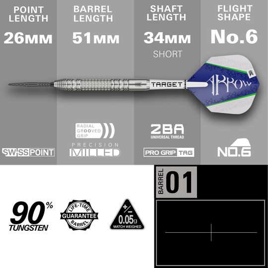 Das Bild zeigt den Target Shane McGuirk GEN1 Swiss Point Steeldart mit einem Gewicht von 23g. Die wichtigsten Maße sind: Spitzenlänge 26mm, Barrellänge 51mm, Schaftlänge 34mm (kurz) und Flightform No.6.